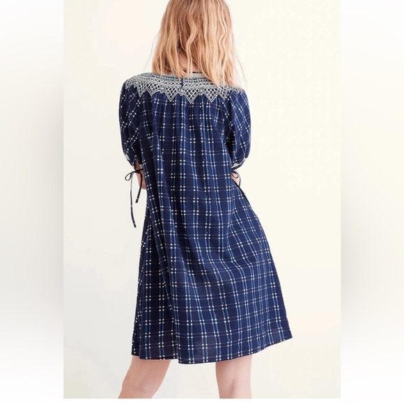 Madewell Embroidered Puff-Sleeve Babydoll Dress in Indigo Plaid Size XS - Picture 4 of 13